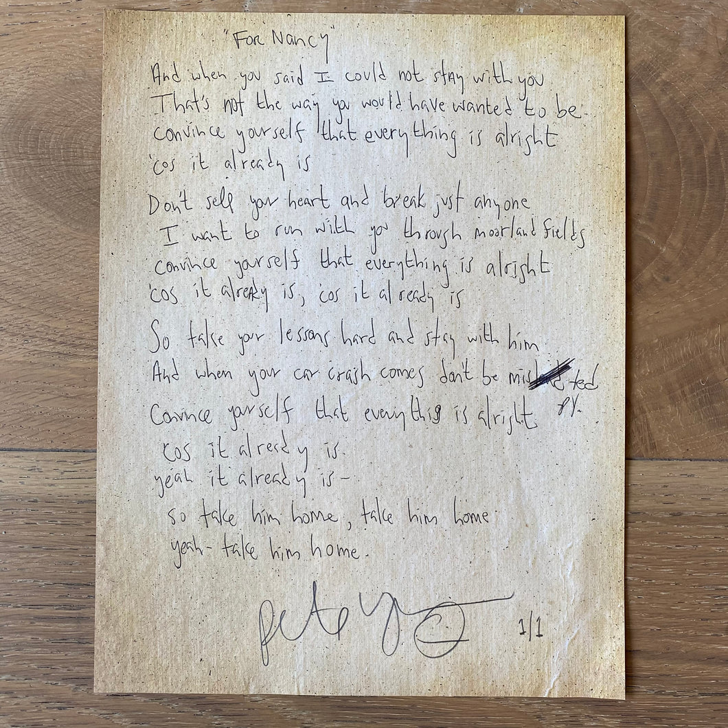 “For Nancy” Signed, Handwritten Lyric Sheet (one of a kind)
