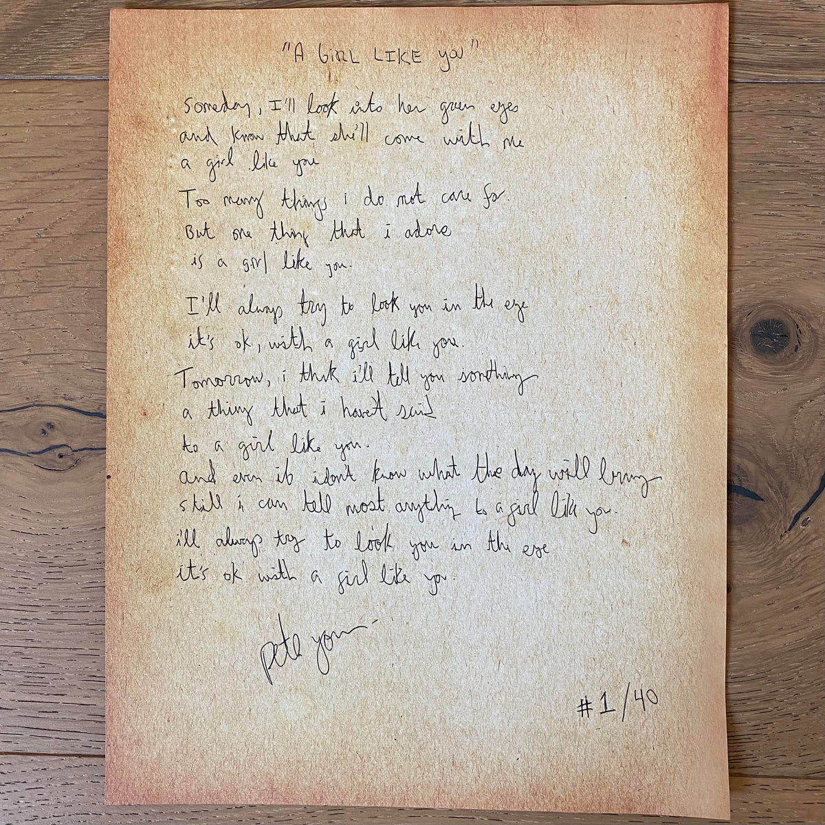 Handwritten Lyric Sheet A Girl Like You – PYartifact.com